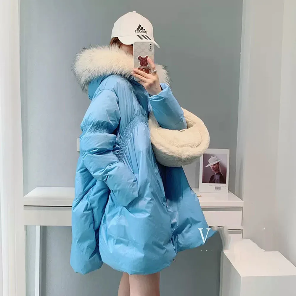 Winter Down Jackets Women Real Fox Fur Hooded Parkas Lady Puffer Coats Thicken Warm Bat Type Snow Outwear Female Loose Overcoats