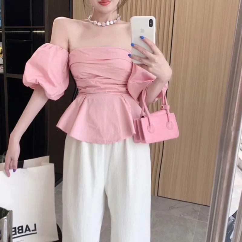 Blouses Women Solid Off-shoulder Summer Puff Sleeve French Style Slash Neck Gentle Slim Casual All-match Streetwear Elegant New