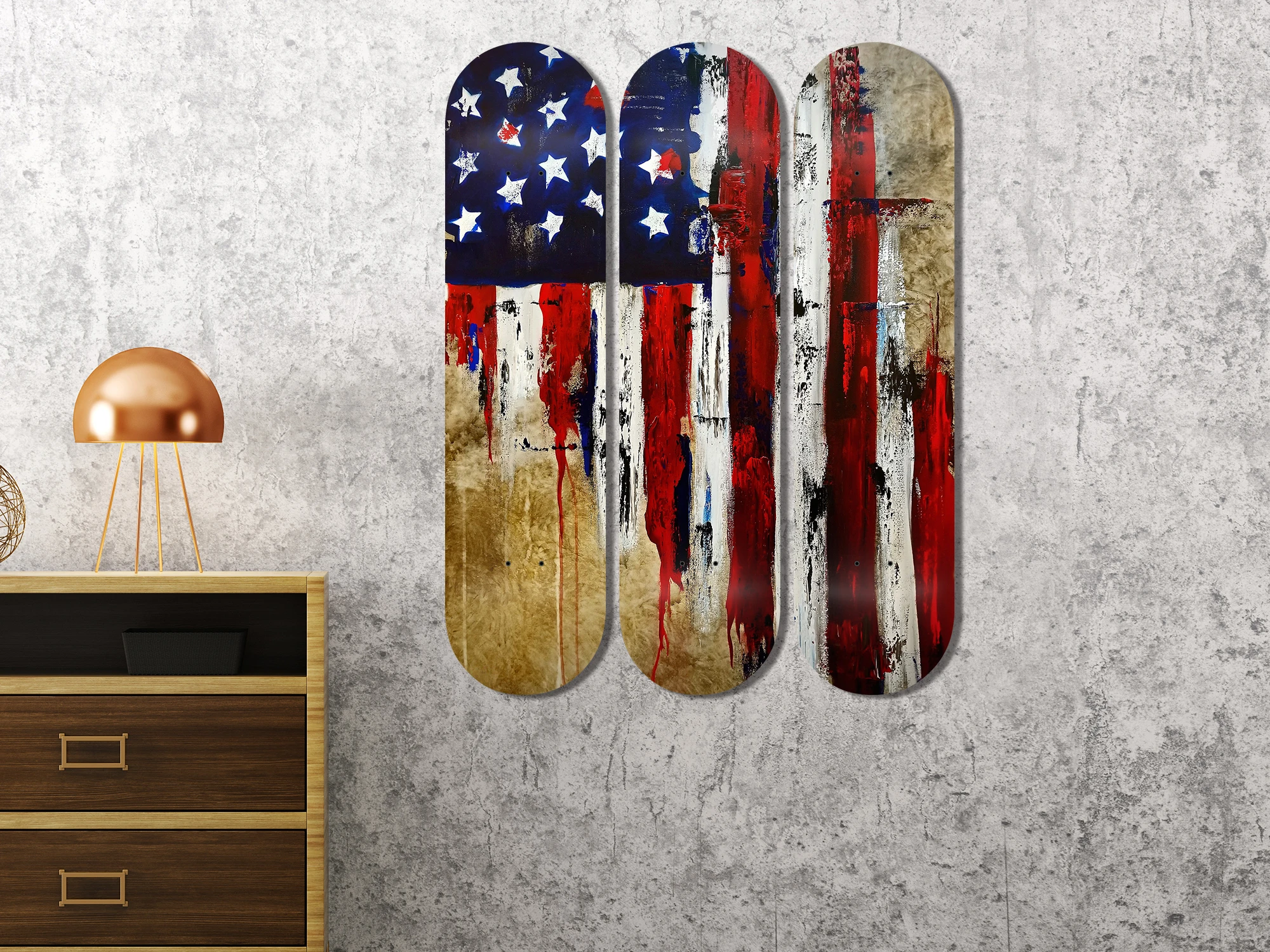 3pcs America Flag Art Skateboard Wall Mural Pop Art Pro-Grade Skate Deck Wall Plates for Bar Club Game Room Wall Decoration