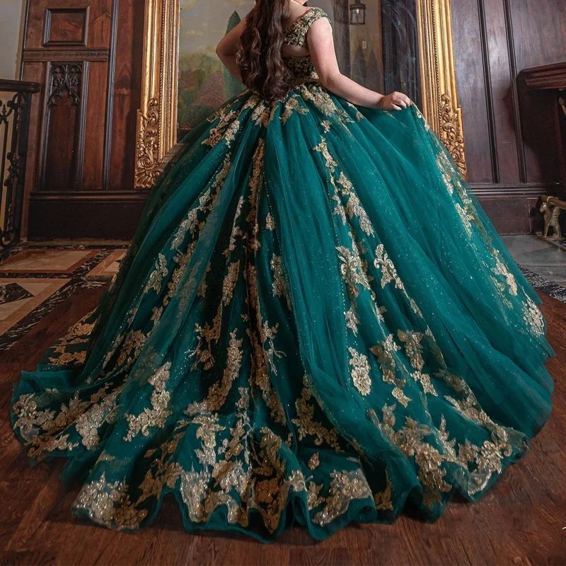 Angelsbridep Mexican Emerald Green Ball Gown Quinceanera Dresses Gold Handmade Appliques Ballkleider Birthday Party Dress