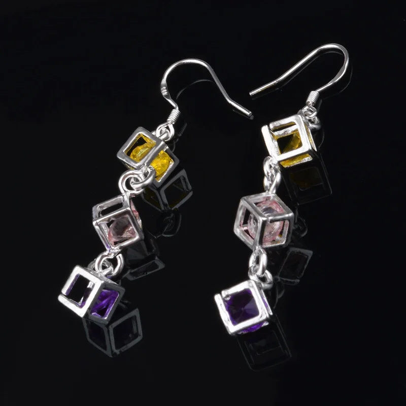 Elegant Fashion Geometric Cubes Dangle Multicolor Zircon Ear Hook Earrings for Women Valentines Day Gift Jewelry Pendiente Mujer