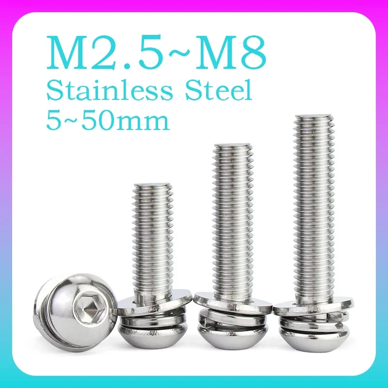 2~20 Pcs Round Head Hexagon Socket Combination Screw M2.5 M3 M4 M5 M6 M8 304 Stainless Steel Hex Socket Bolt Set