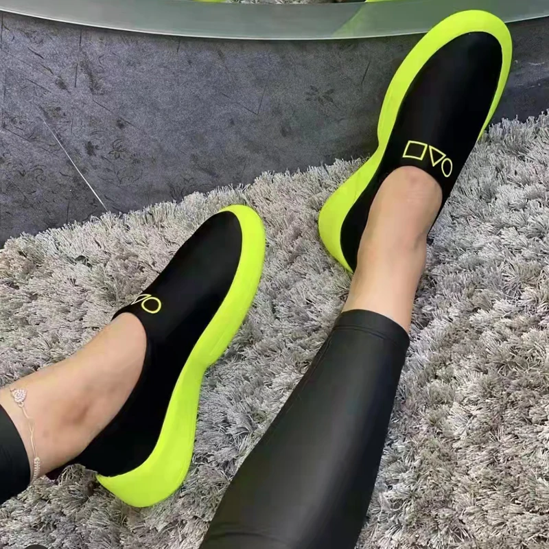 Neon Color Slip-On Shoes Women Summer Stretch Fabric Sneaker Sporty Flat Loafers Light Weight Comfortable Walking Tennis Female