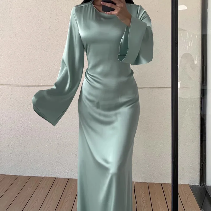 Evening Gowns Women Long Dress Fashion Simple Round Neck Satin Flare Sleeve Back Lace Up Slim Evening Party Dresses Sexy Dress