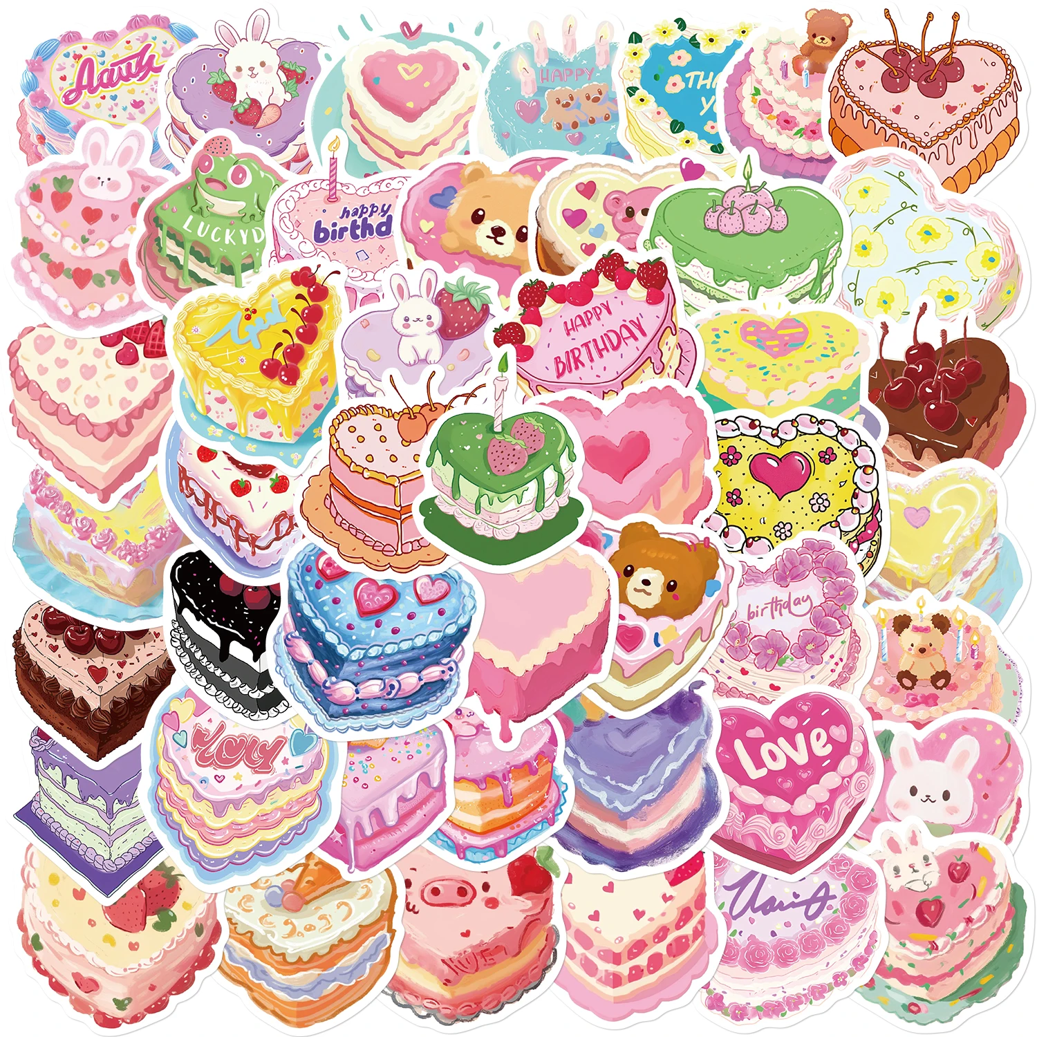 50PCS Kawaii Heart Shaped Birthday Cake Stickers Cute Decals Decoration DIY Skateboard Scrapbook Laptop Fridge Car Kids Toy 