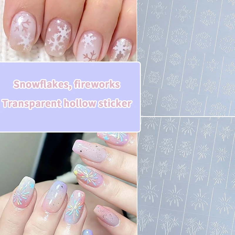 شفافة بالكامل الألعاب النارية جوفاء ملصقات الأظافر رذاذ اللوحة الاستنسل شجرة عيد الميلاد ندفة الثلج نمط الربت أداة لاصقة