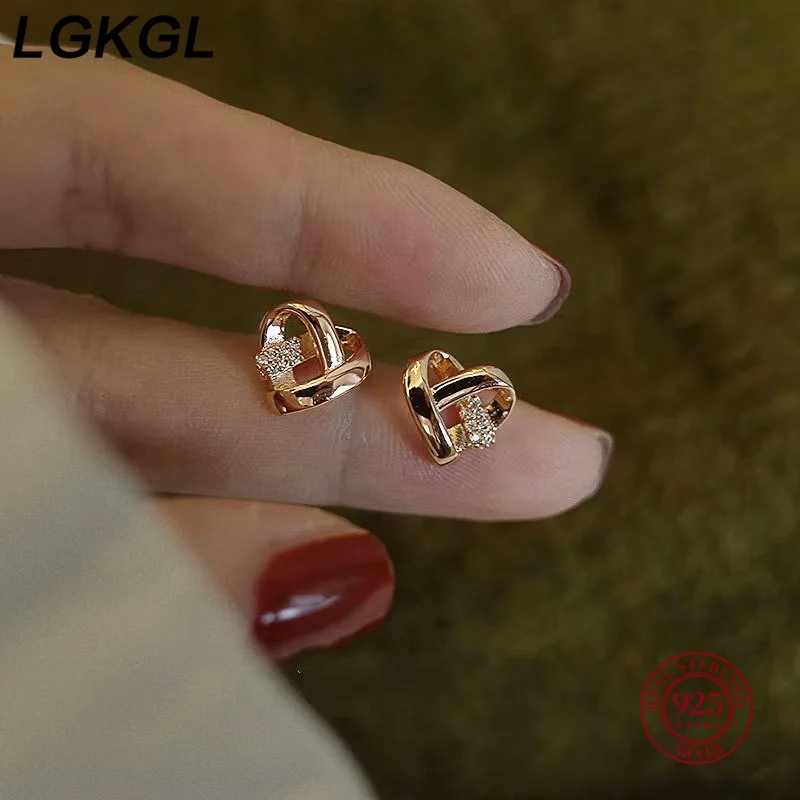 

LGKGL S925 Silver Plated 14K Gold Stud Earrings Elegant Women's Minimalist Heart Shape High-End Feelings Fashion Jewelry