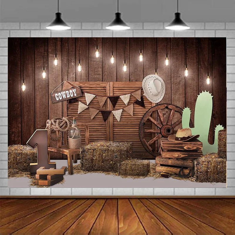 Western Cowboy Photography Backdrop Wild West Country Wooden Barn Door Baby Shower Background 1st Birthday Party Decorations