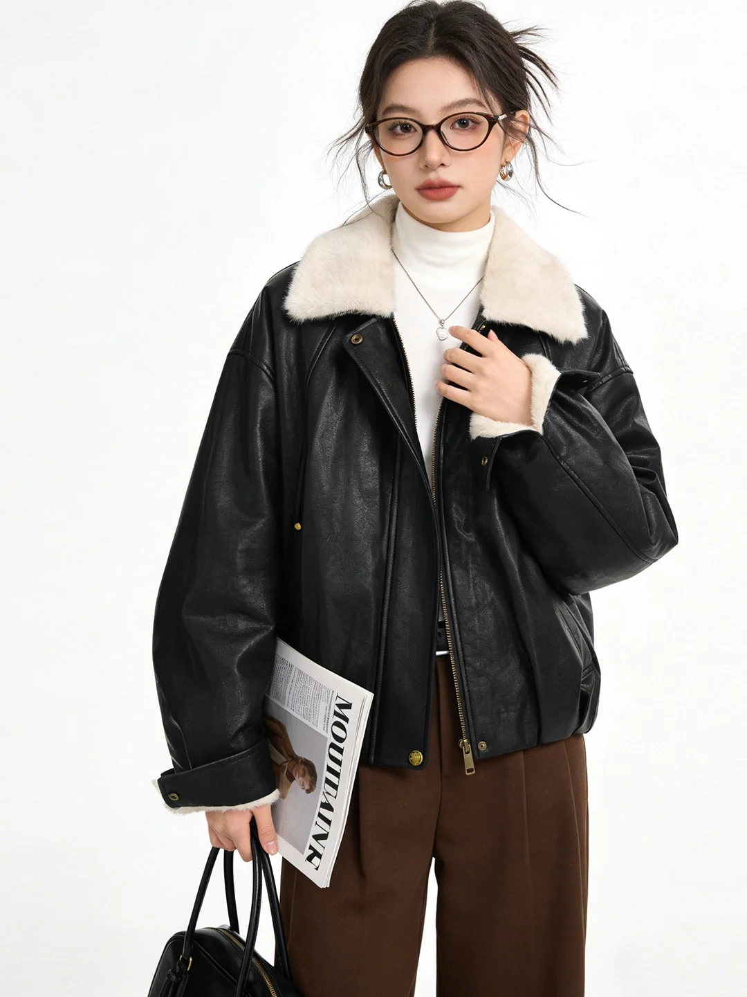 

Bla Retro Lamb Fur Collar PU Leather Jaet ort Thiened Warm All-Match Cotton Coat American Sle Stand Fit Zipper C...