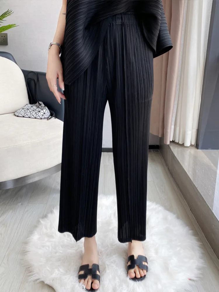 YUDX Women Pleated Pants Solid High Waist Wide Leg Cropped Trousers Loose Elastic Casual Style 2023 New Summer Fashion