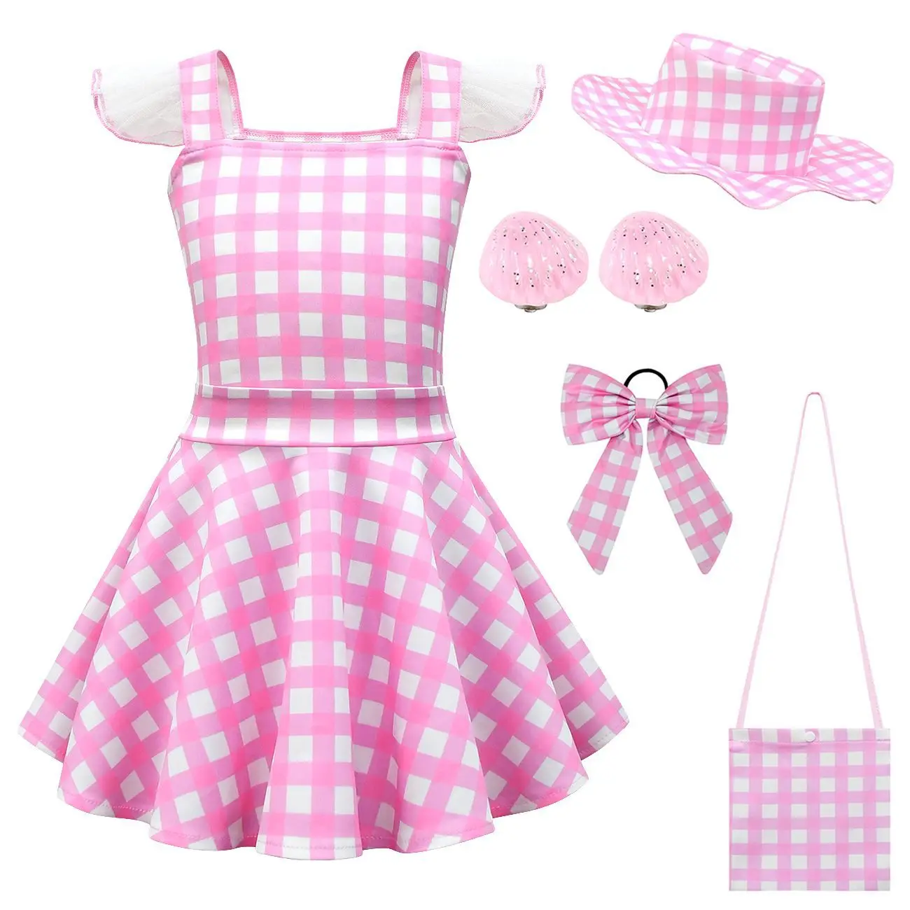 7Pcs /Set Princess Dress Children Girl Clothes Costume Human Doll Ruffle Sleeve Plaid Kid Girl Dress Casual Ballet A1127