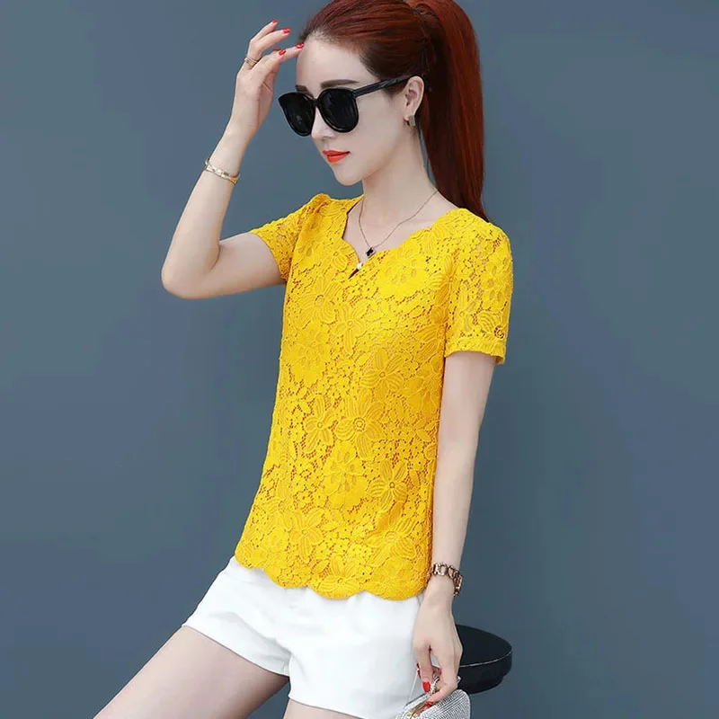 Tops blusas feminina korean spring autumn women vestidos sweet loose Short sleeve yellow lace shirts female