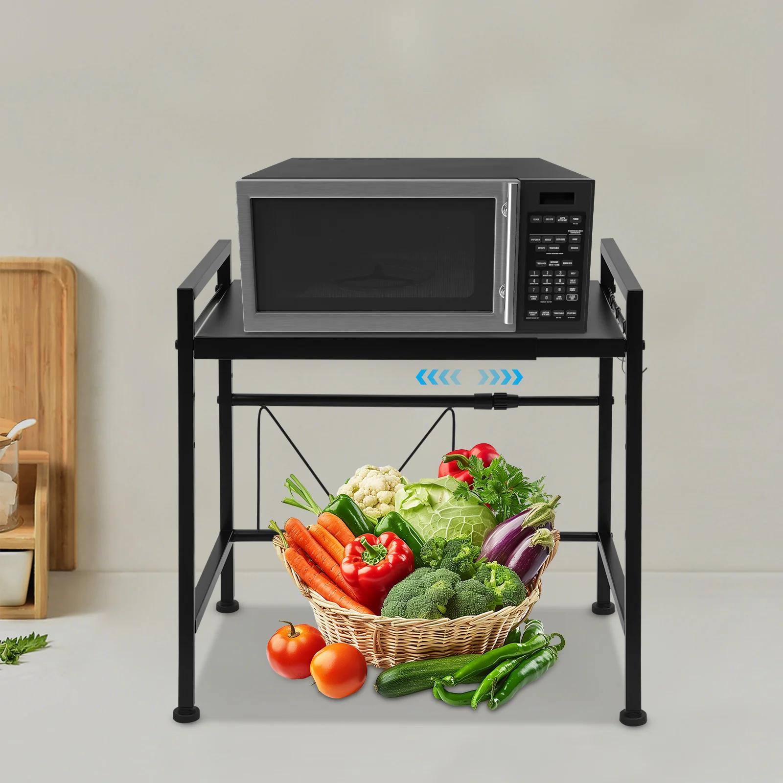 Expandable Microwave Rack, 2 Tiers Microwave Shelf, Microwave stand with 3 Hooks，for storing various kitchen utensils，save space