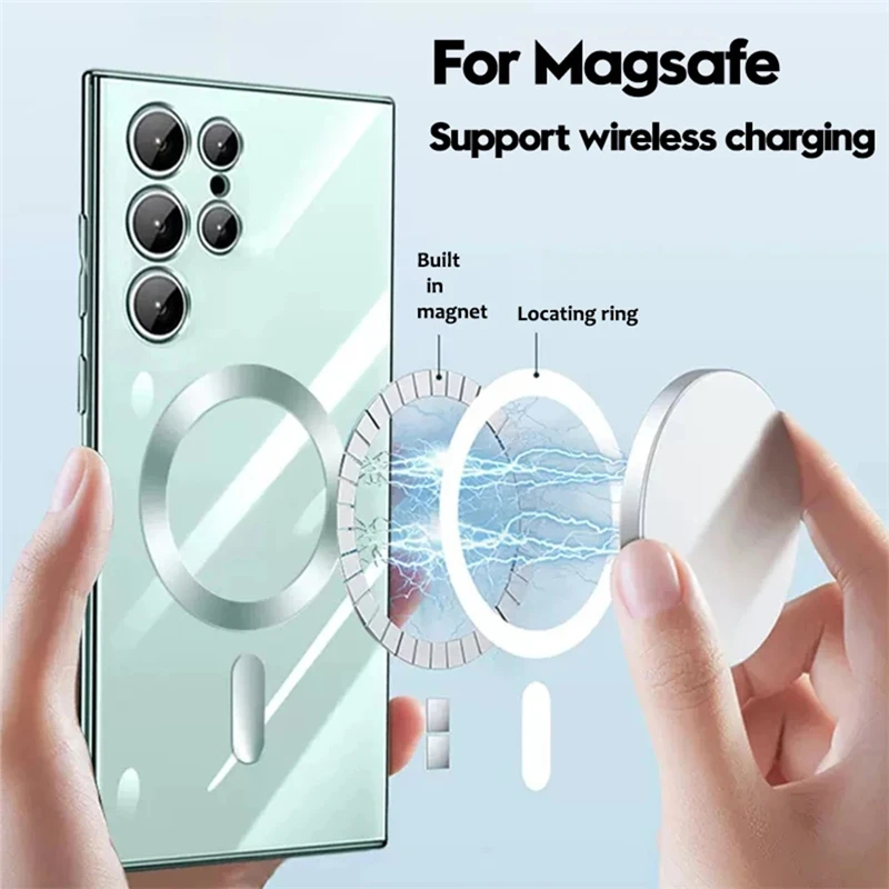 Luxury Plated Soft Silicon Clear Phone Case For Magsafe Samsung S23 S22 S21 20 FE Plus Note 20 Ultra Magnetic Protective Cover