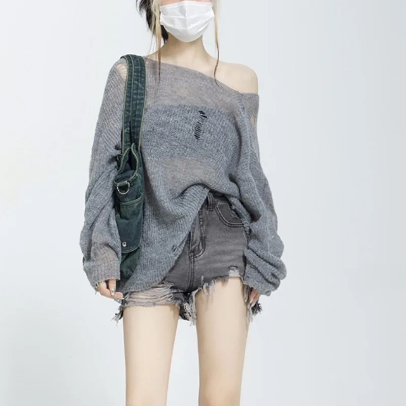 Pullovers Women Slash Neck Ripped Knitted Sweater Long-sleeved Loose Fit See-through All-match Trendy Ulzzang Sun-proof Summer