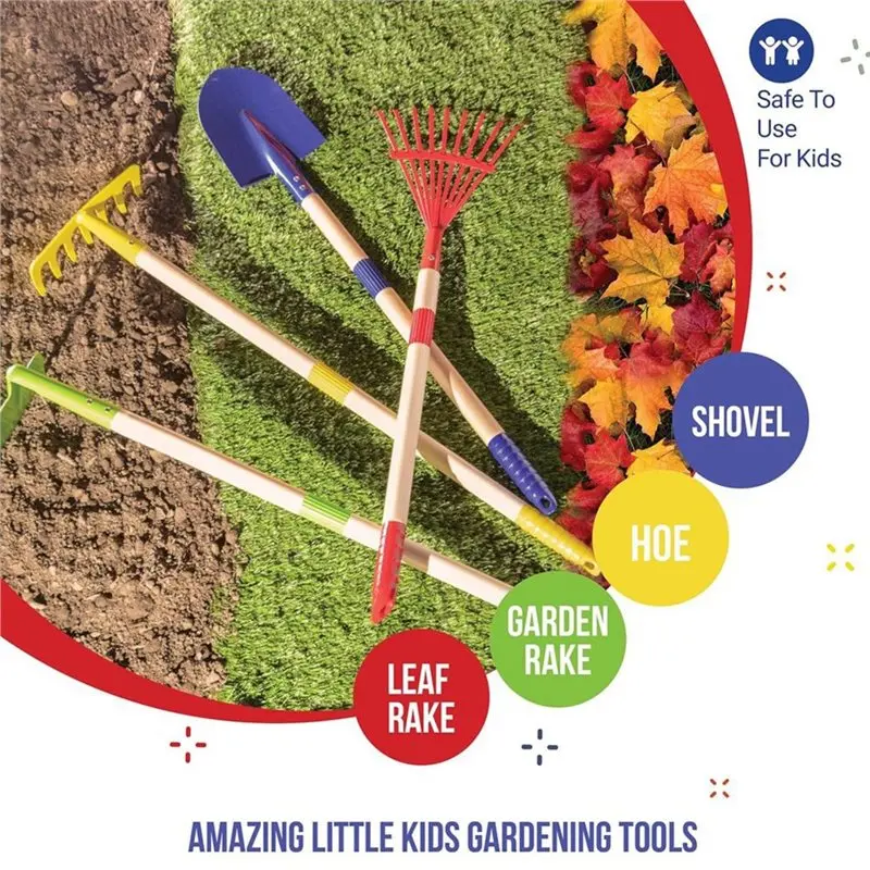 WOWFU-Garden Tool Set For Kids-4-Piece Wooden Including Shovel, Rake, Hoe, Leaf Rake Best Outdoor Playthings