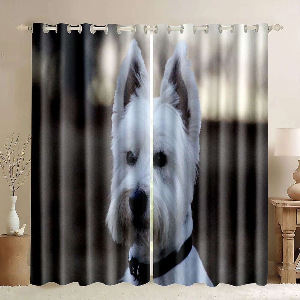 West Highland White Terrier Dog Printed Sheer Window Curtain,White Puppies Running On The Grass,Pet Puppy Dog Blackout Curtains