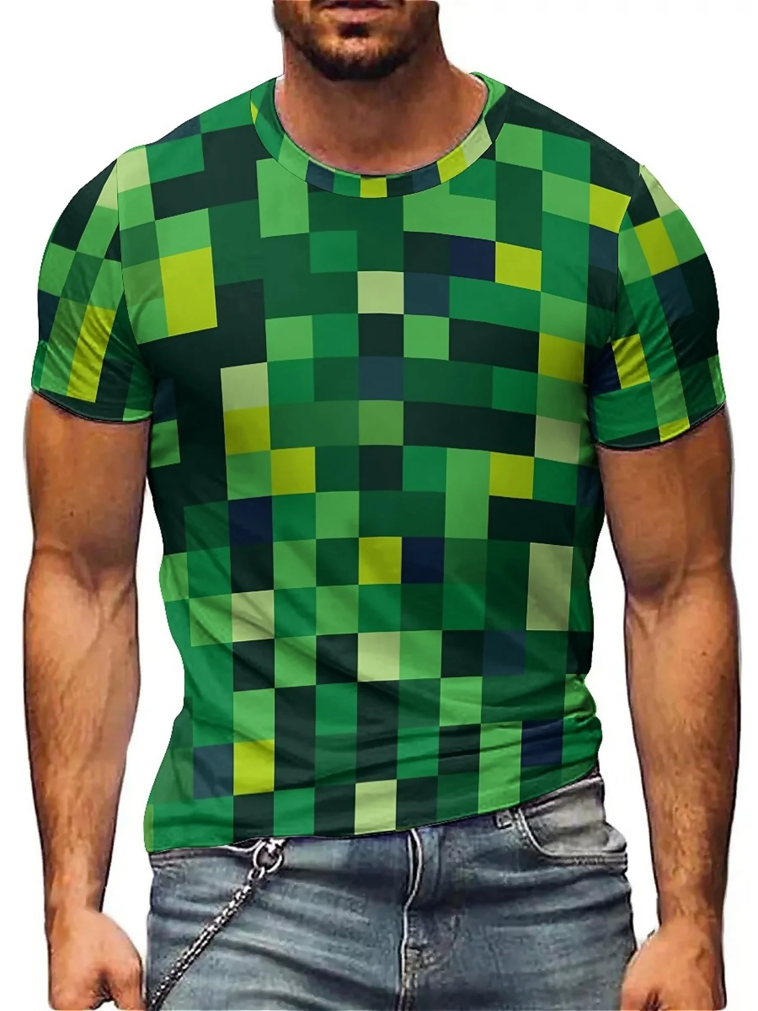 Men'S 3D Pixelated Print Short Sleeve T-Shirt - Green & Black Geometric Design, Soft Polyester Fabric, Casual Crew Neck