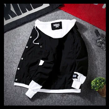 Autumn New Men's Fashionable Casual Street Hip-hop Denim Jacket Fake Two-piece Hooded Single Breasted Slim Fit Denim Jacket 3
