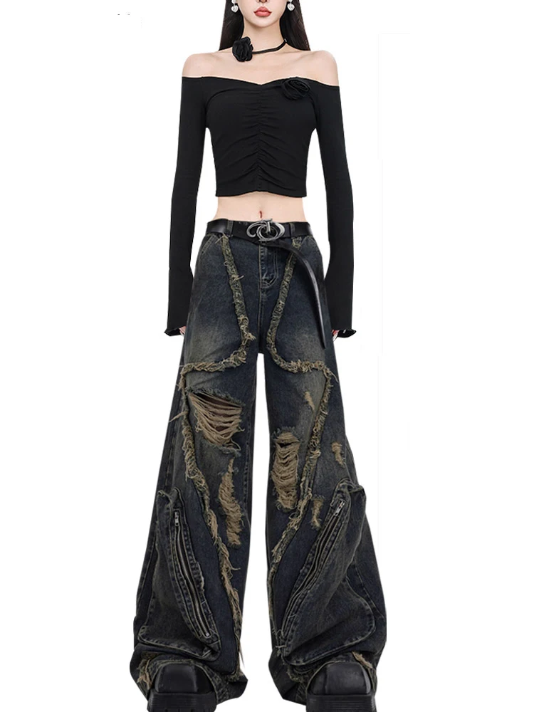 Women Black Gothic Cargo Jeans Fashion Splicing Burr Edge Design Trousers Harajuku Y2k Aesthetic Pants Vintage Trashy Clothes