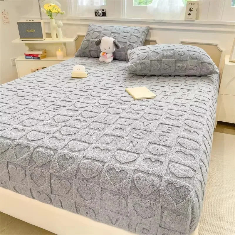 MissDeer Flannel Bedsheet Solid Color Bed Cover Thickened Fitted Sheet Home Soft Mattress Protector 침대시트 (Pillowcase Need Order)