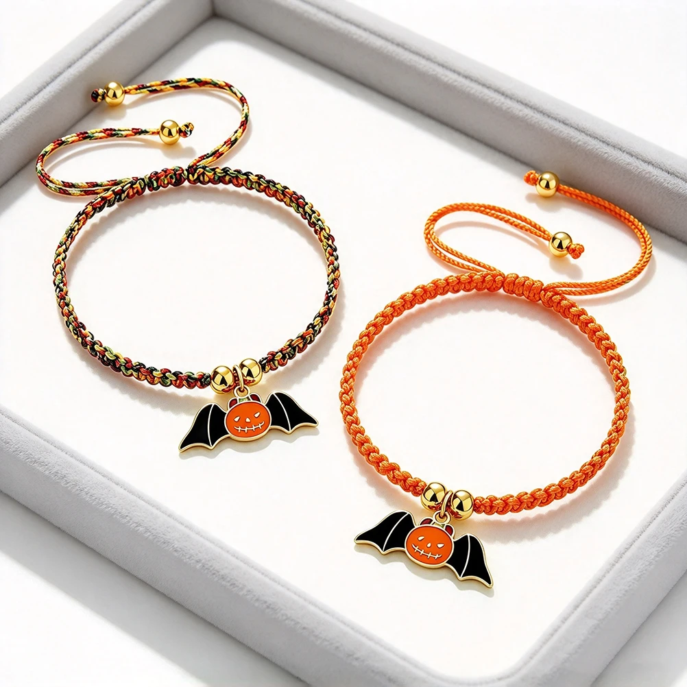 Black Orange Pumpkin Bat Bracelet Charm Handmade Braided Copper Beads String Bangles for Women Men Halloween Jewelry Party Gift