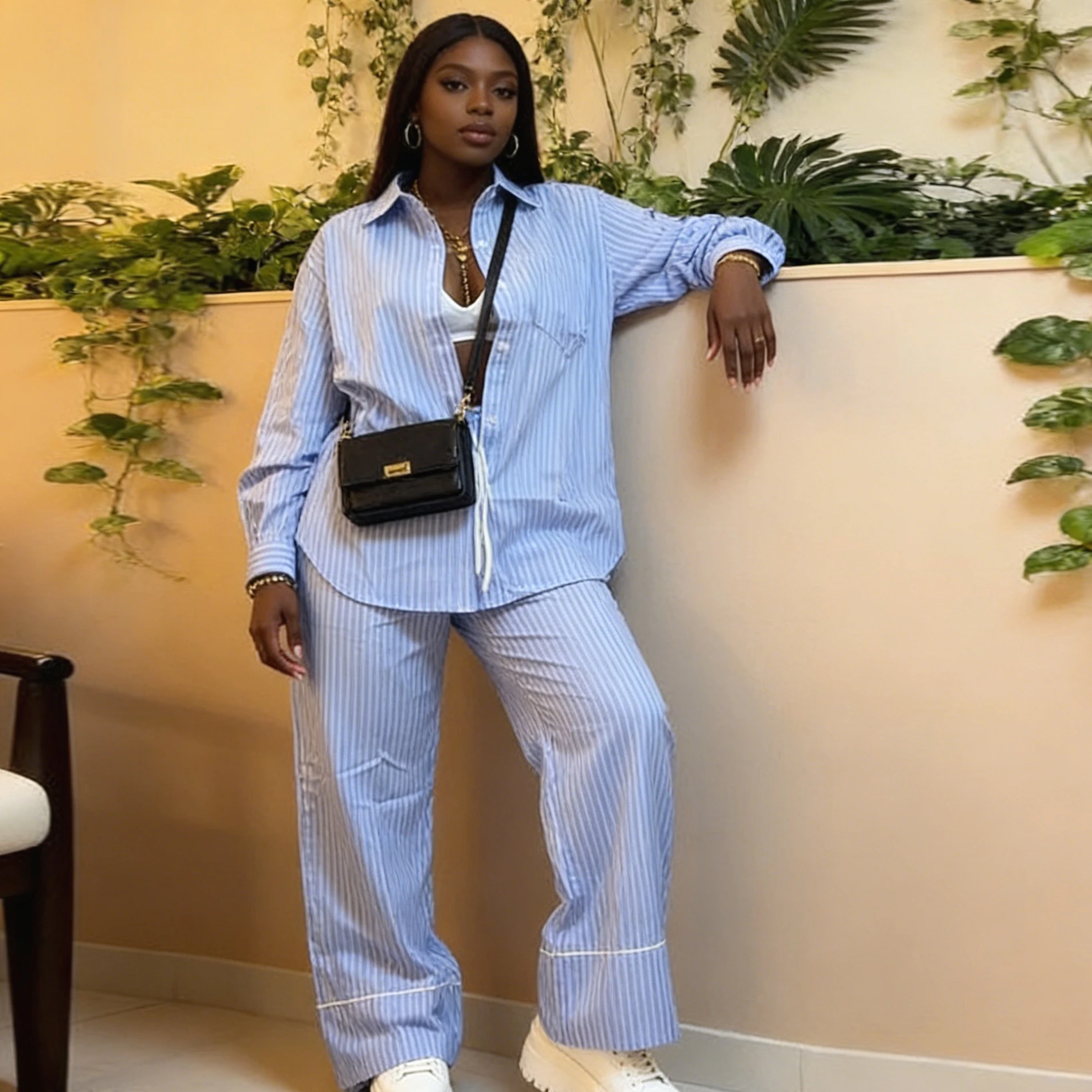 

Women Pant Set Two Piece Sets Turn Down Collar Full Sleeve Shirt Striped Wide Leg Long Pants High Waist Y2k Streetwear Casual