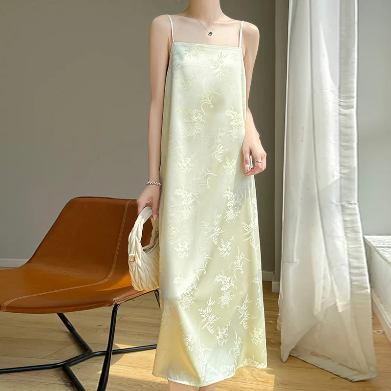 Elegant Women Spaghetti Strap Satin Jacquard Dress Spring Summer Sleeveless Long Dresses Solid Color Loose Female Sundress