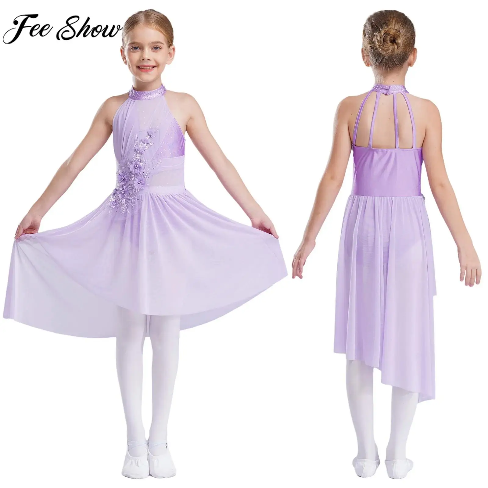 

Children Girls Lyrical Modern Dance Dress Sleeveless Rhinestone Mesh Applique Leotard Tutu for Ballet Figure Skating Gymnastics