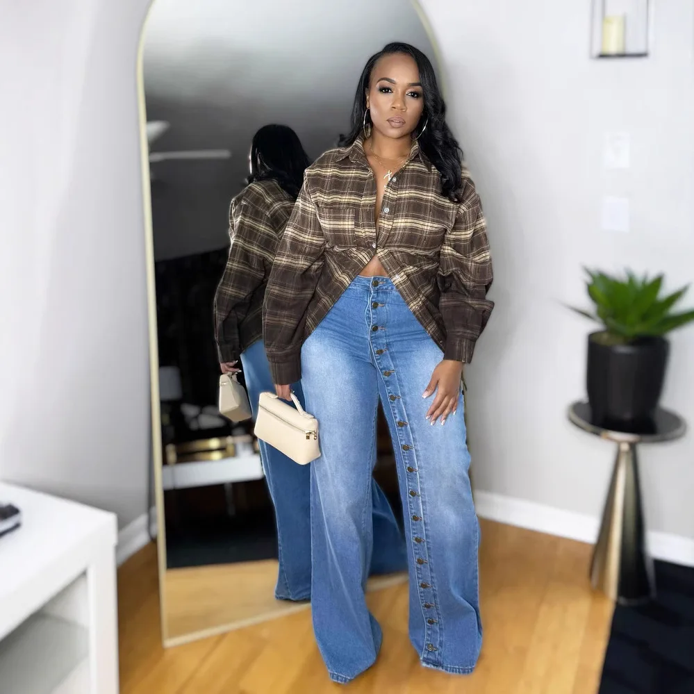 Multi Button Women's Jeans Wide Leg High Waist Blue Denim Trousers Casual Elegant Streetwear Fashion Jeans 2025