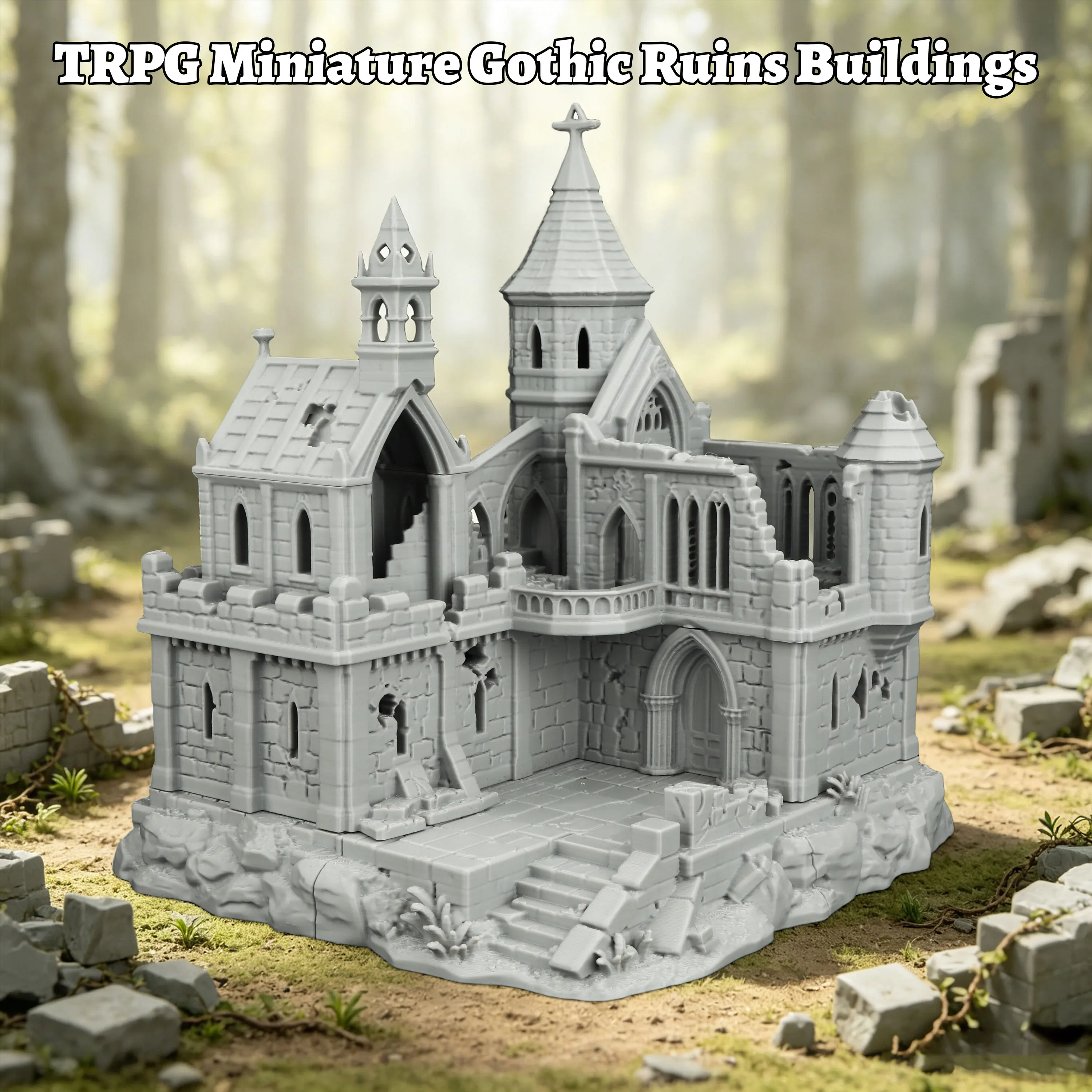 Gothic Ruins Building Miniature, 28mm 1:56 Scale, Fantasy TTRPG Terrain Model for Tabletop Games and Ancient City Dioramas