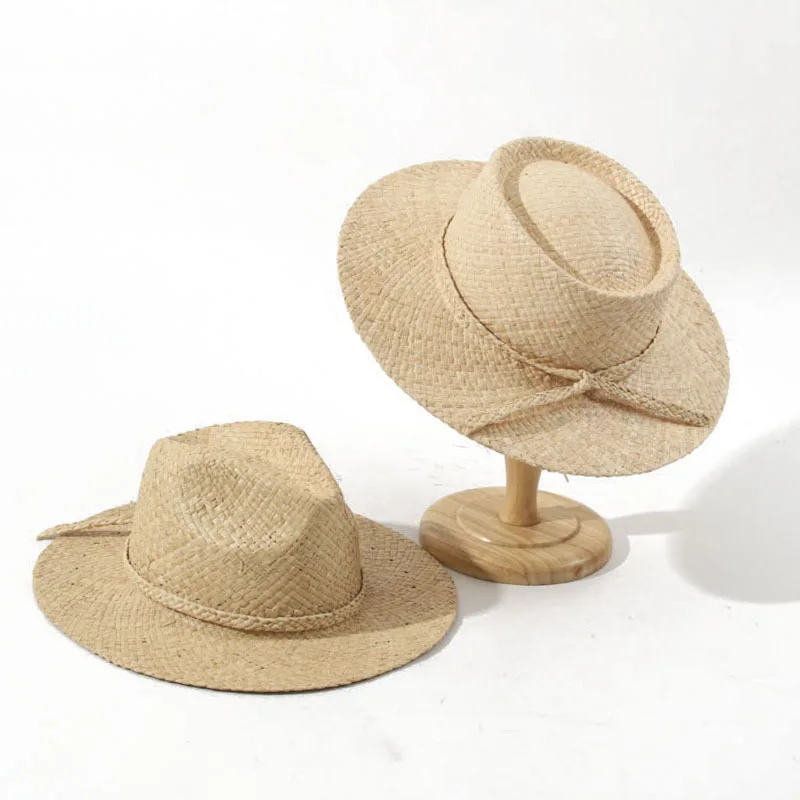 French Rafia Round Ring Concave Top Light Luxury Beach Hat, High End Woven Sun Protection Fedora