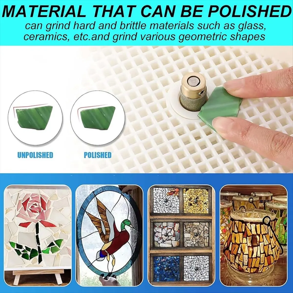 (A95Z) Dual-Layer Stained Glass Grinder,with 4 Size Diamond Grind Bit,with Extended Splash Guard Prevents US Plug