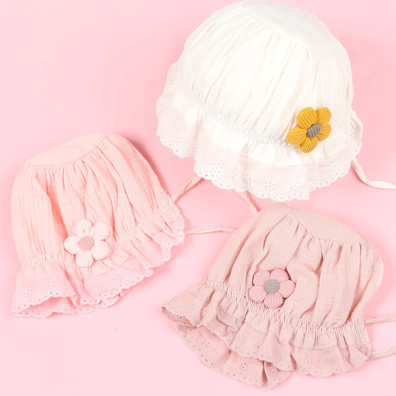 Gorro de algodón suave para bebé, gorros de Color sólido para niña recién nacida, sombrero de princesa con flores de encaje para bebé de 0 a 12 meses