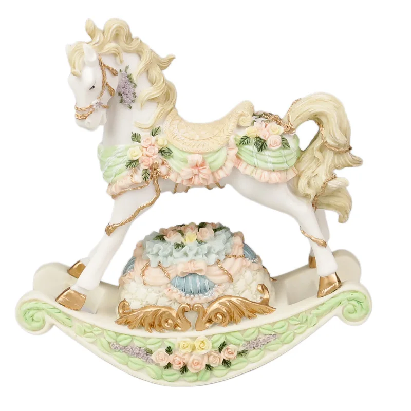 Exquisite European Style Music Box with The Feature of Rotating Carousel Rocking Wooden Horse, Perfect Gift for Girls and Kids