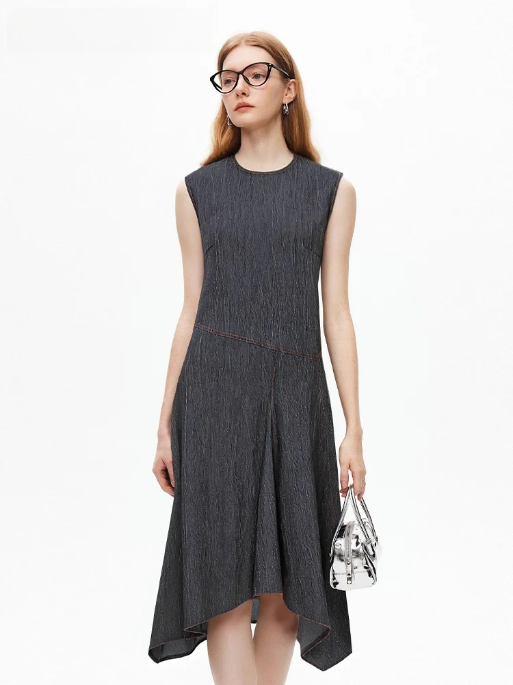 

Deep Blue Vintage round Ne Svel Denim Dr Ele Commute Sle High Waist A-Line Skirt Korean Faion Ladies Dr