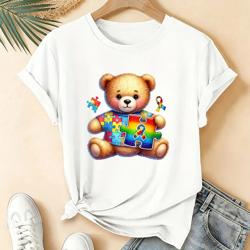 100% Cotton Children's T-shirt, Autism Cartoon Bear Butterfly Printed, Class A Soft Skin-friendly Clothes  Casual Wear for Child