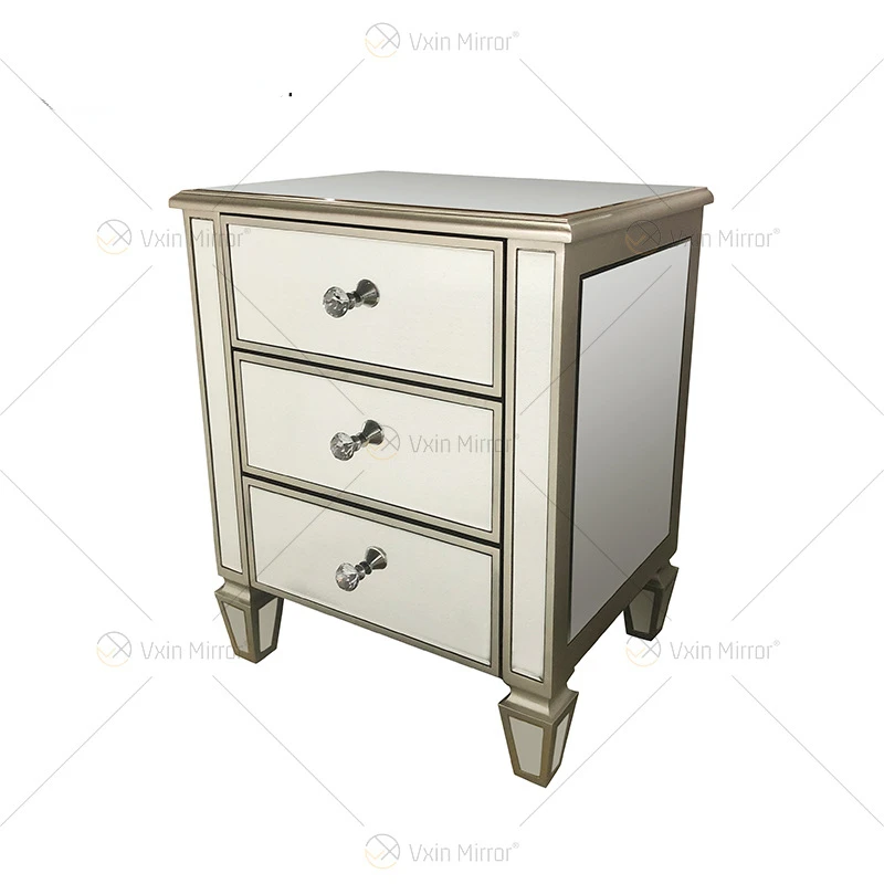 Light luxury mirror glass furniture ins wind-style bedside table, neo-classical three-drawer cabinet,