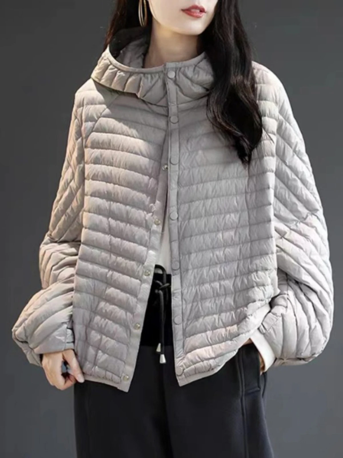 

Winter Fashion Striped Loose Warm Women Down Clothing Hooded Windproof Solid Color Simple Casual Pockets Loose Versatile Coats