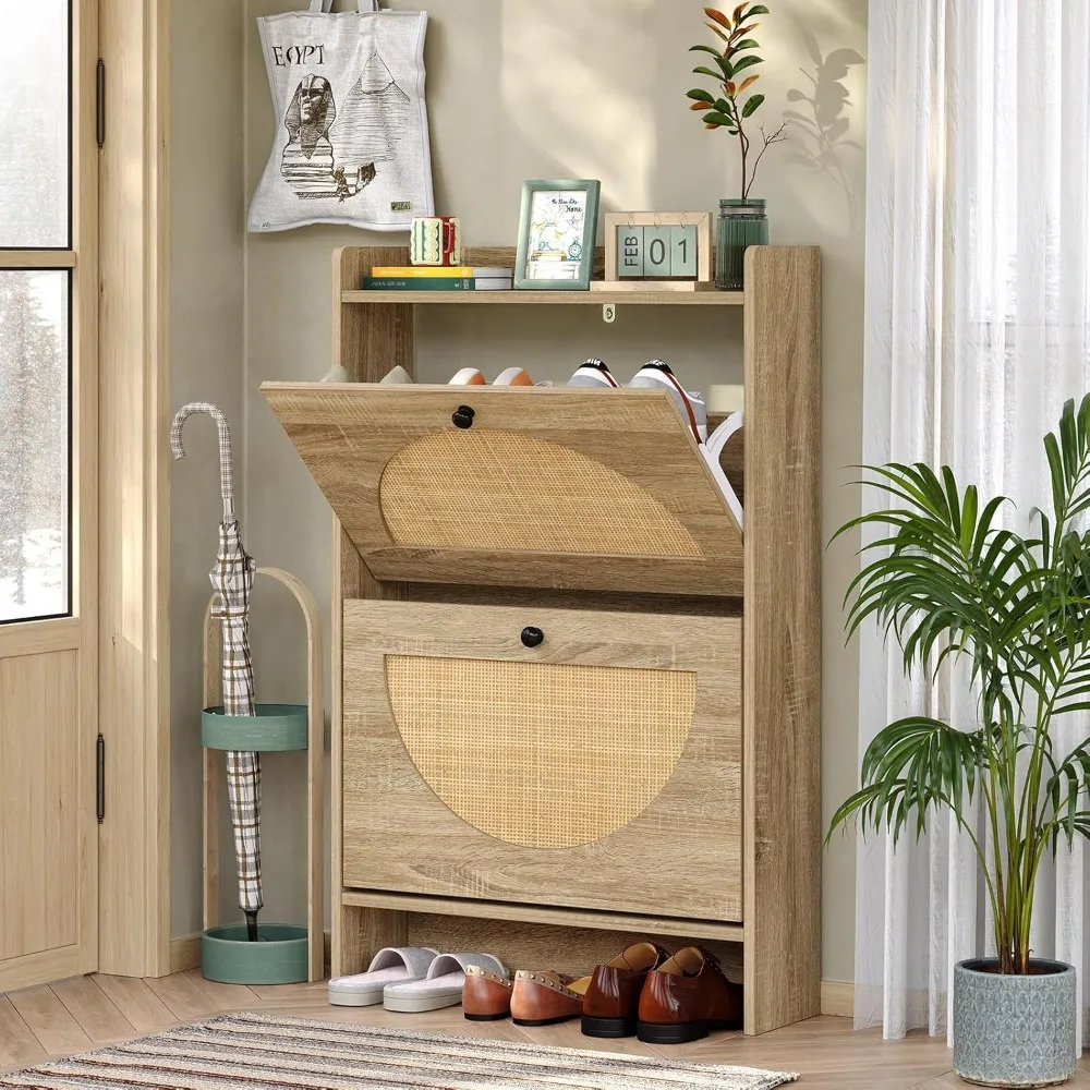 

Shoe Rack Storage Cabinet with 2 Natural Semi-Circular Rattan Doors, Entryway Boho Shoe Cabinet for Sneakers, Leather Shoes