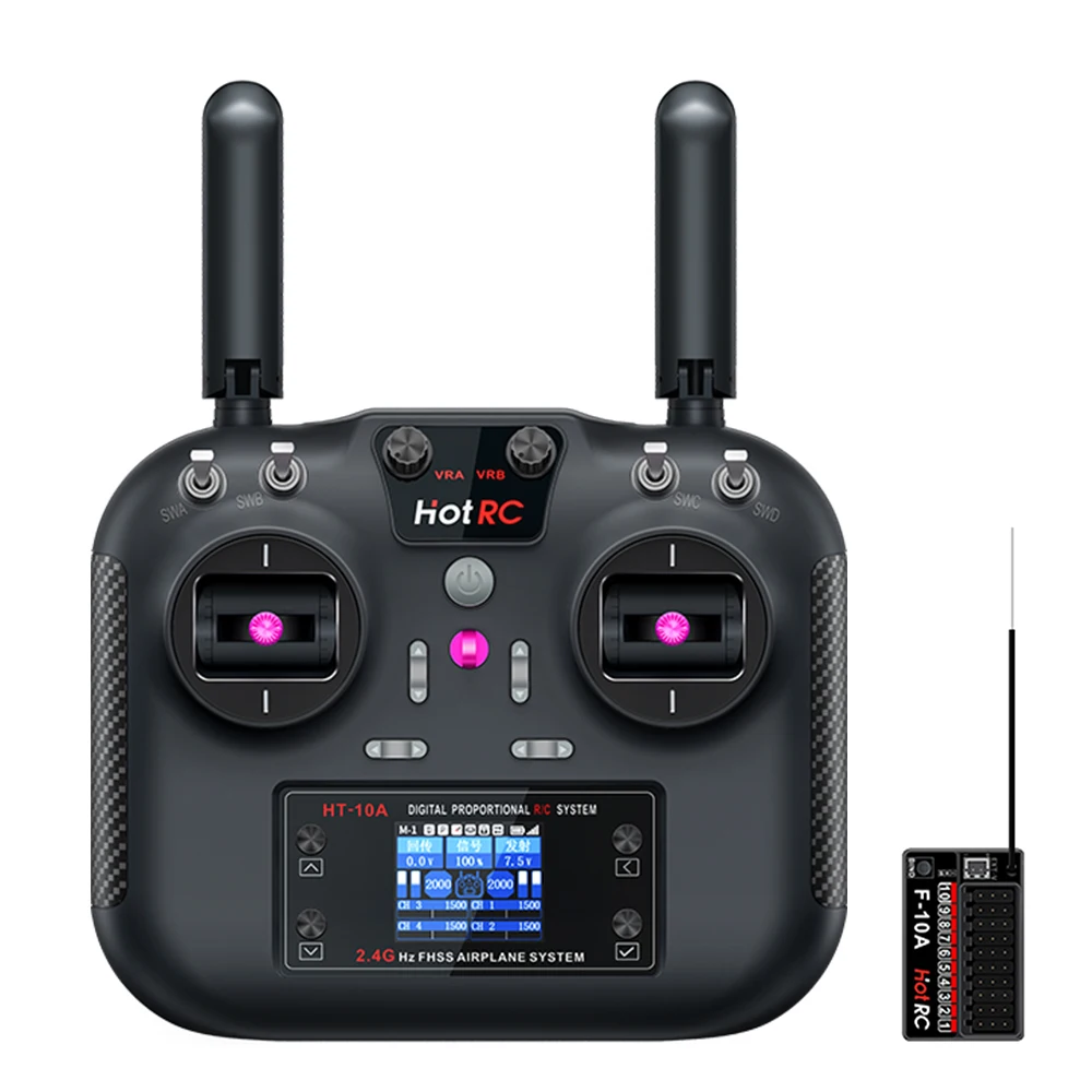 HOTRC HT-10A RC Transmitter 10CH 2.4G 1.7Inch Screen With F-10A Receiver For Model Airplanes RC Boats Car Drones DIY Robots
