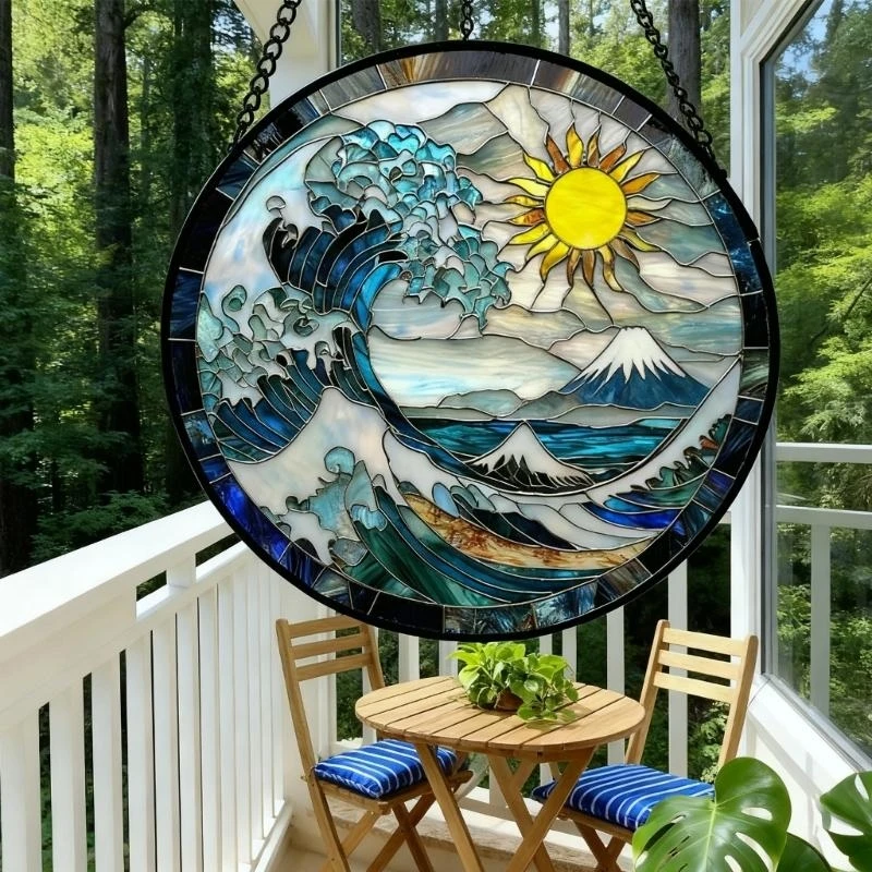  Stained Glass Window Hanging,Colorful Glass Panel Blue White Waves Suncatchers