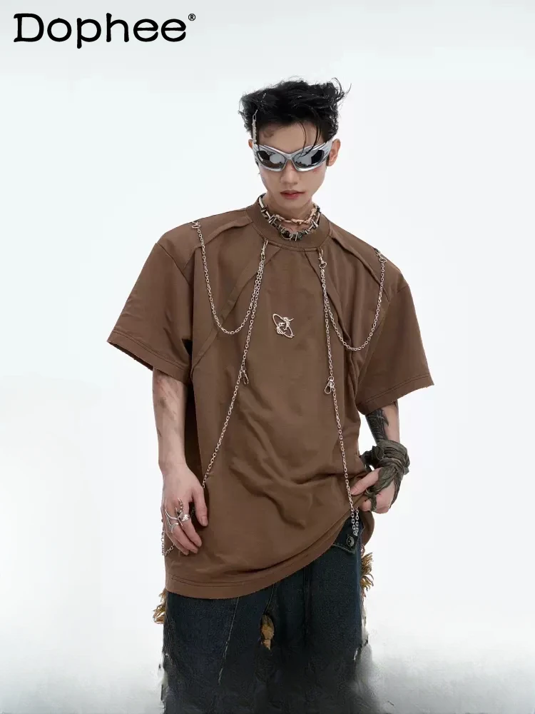 

2024 Summer New T-Shirts Metal Chain Design Short Sleeve Loose Trendy Male Handsome T-Shirts Padded Shoulder Solid Color T-shirt