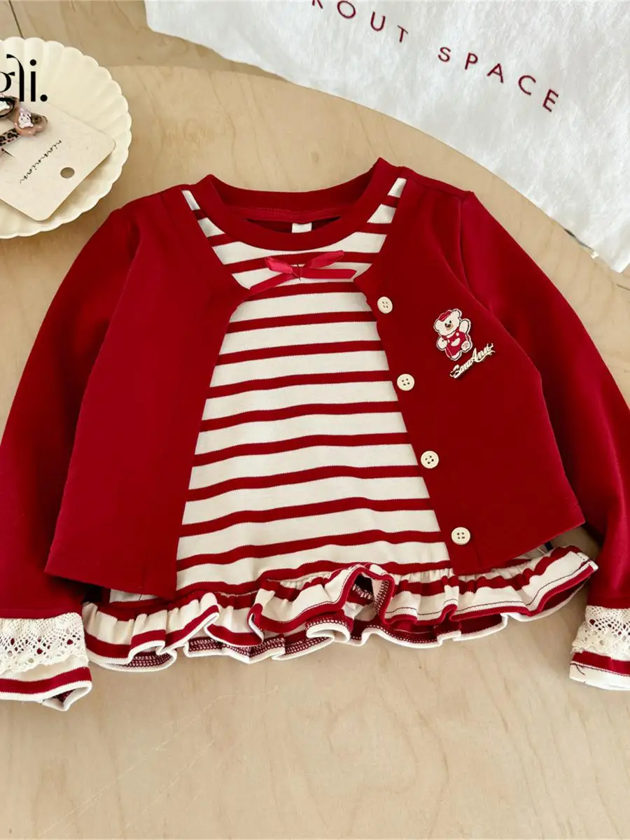 بلوزة بناتي بنمط مخطط للربيع والخريف، بلوزة قصيرة للأطفال، أكمام طويلة، ياقة عالية، مواد أخرى، جديد 100% لعام 2025