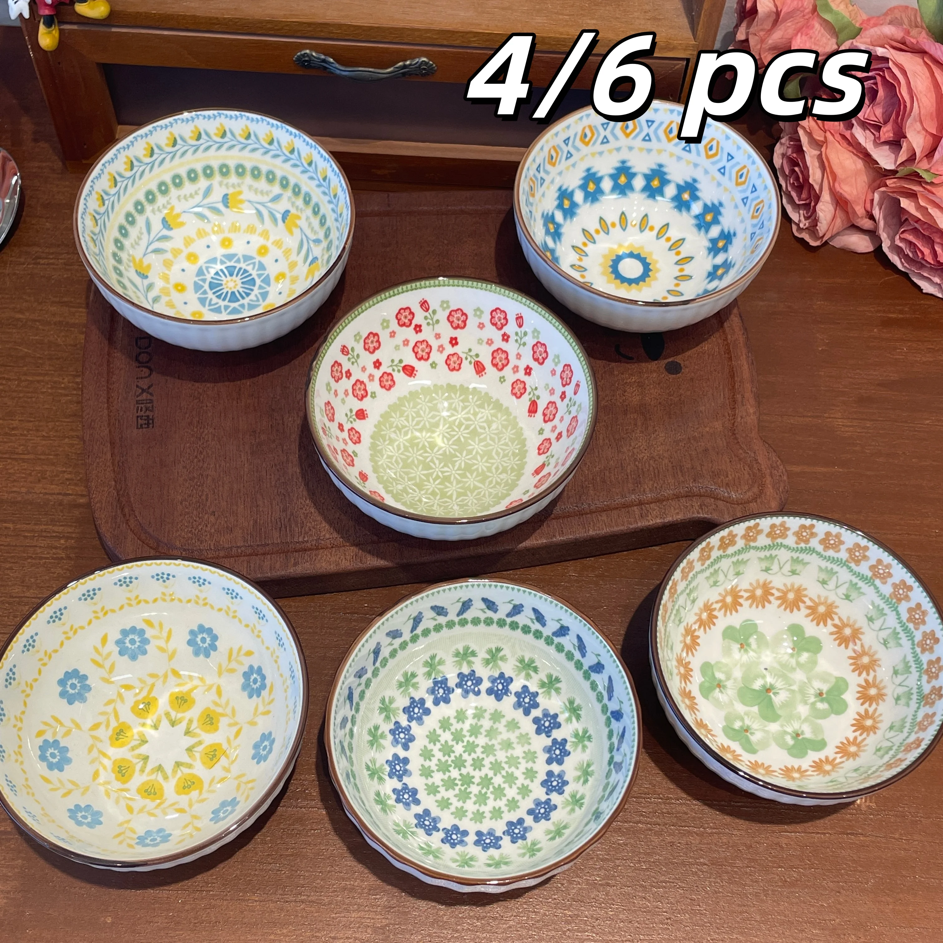 Juego de 4/6 Tazones de Cerámica Estilo Bohemio, Multiusos para Ensalada, Pasta, Postre, Arroz, Sopa, Fruta, Aptos para Lavavajillas y Microondas