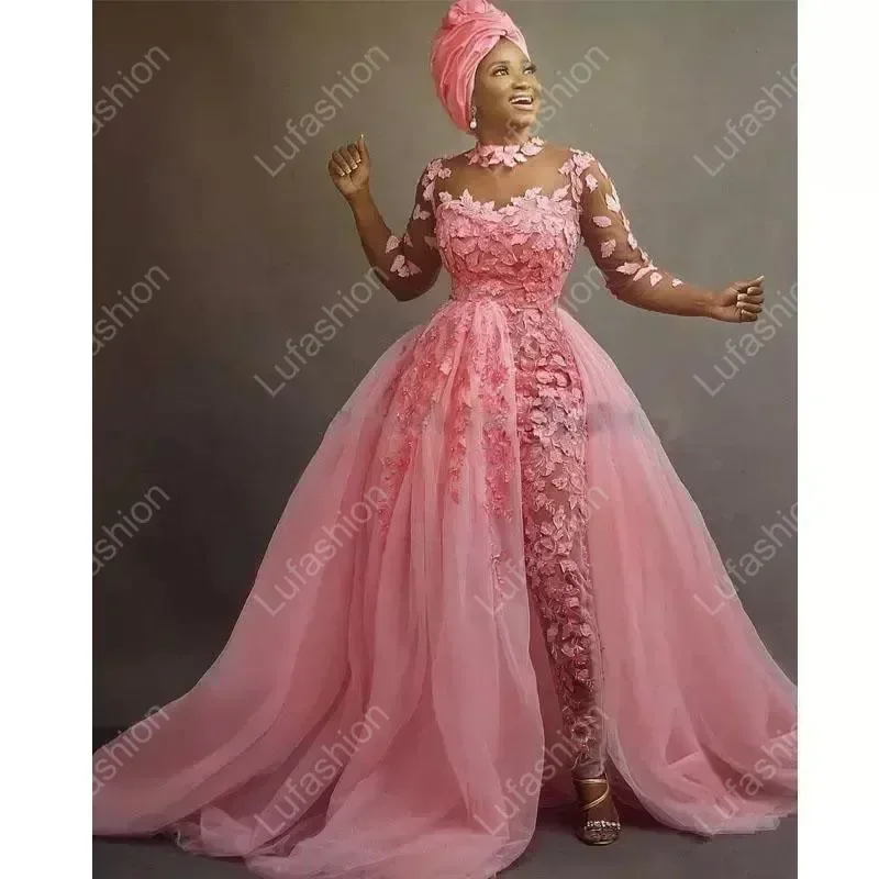 Customized Pink Jumpsuit Wedding Dresses Bridal Gown Overskirt Lace Applique Tulle Beaded Jewel Long Sleeves Custom Made Sweep T