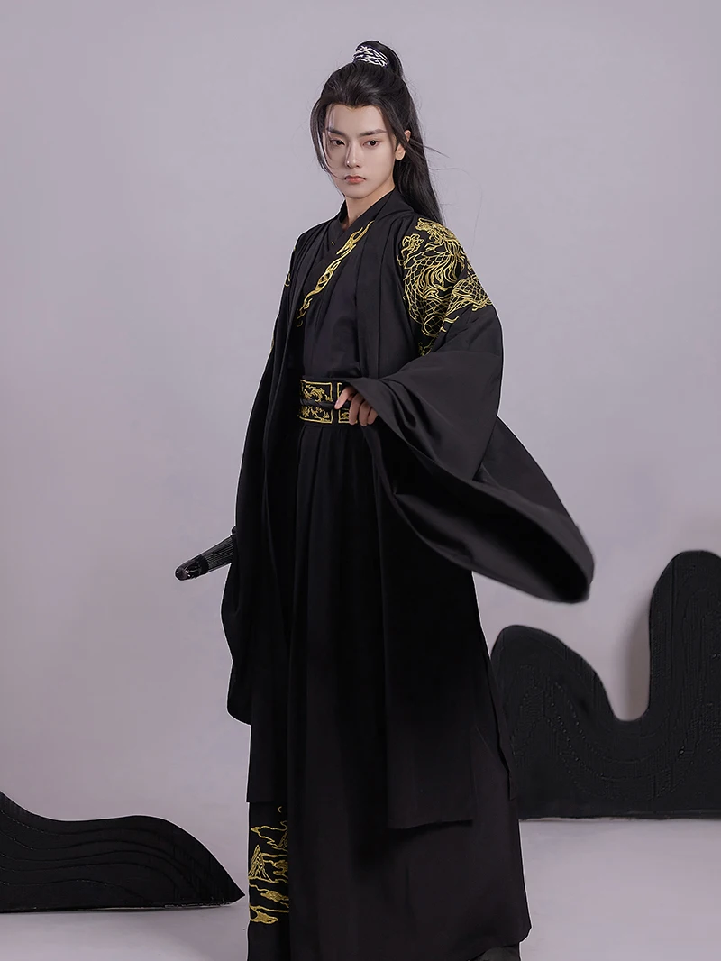 

New Original spring and autumn cross collar waist length Hanfu warrior set embroidered large sleeve shirt men's Hanfu