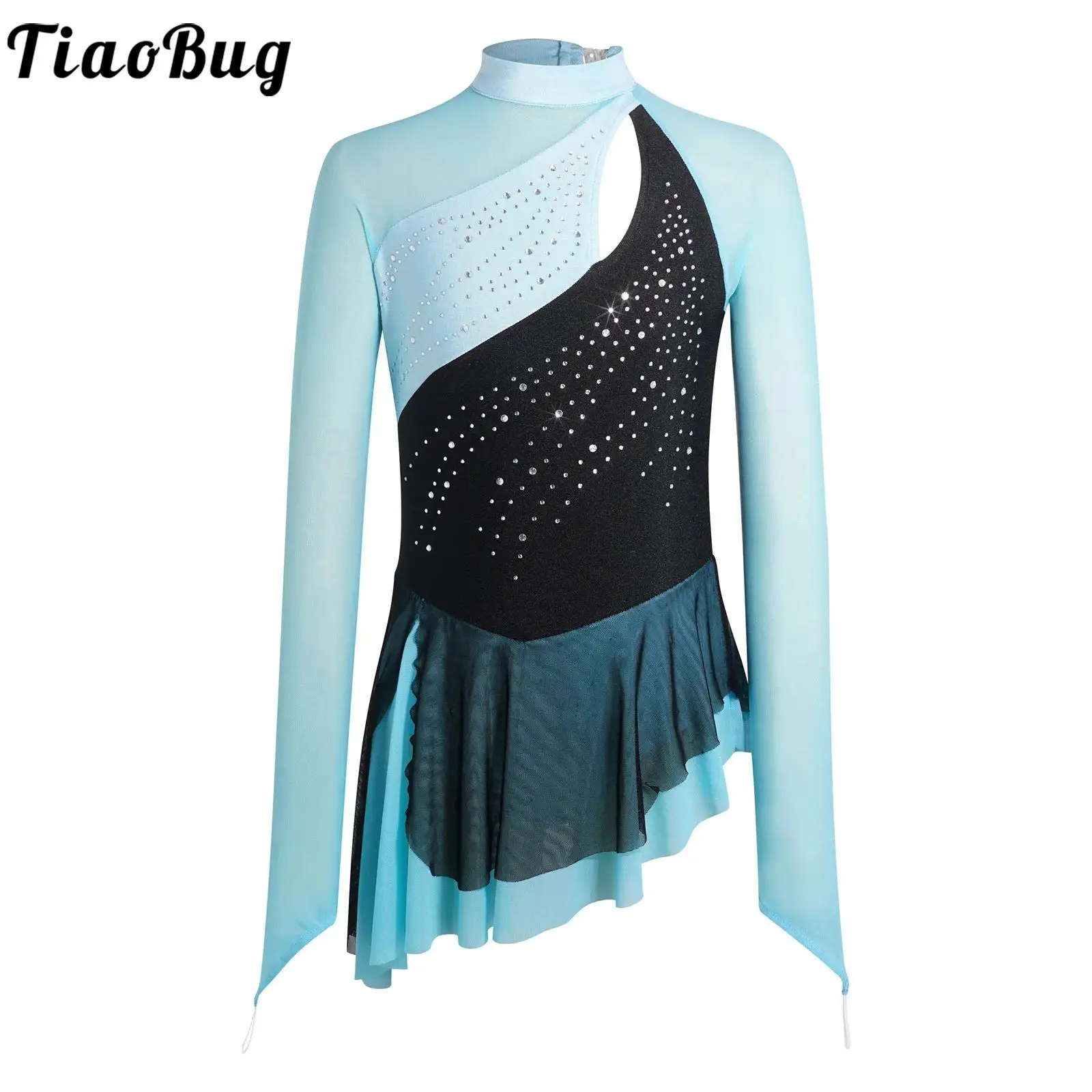 

Kids Girls Figure Skating Competition Costume Ballet Lyrical Dress Mesh Long Sleeve Rhinestones Tutu Dress with Built-in Briefs