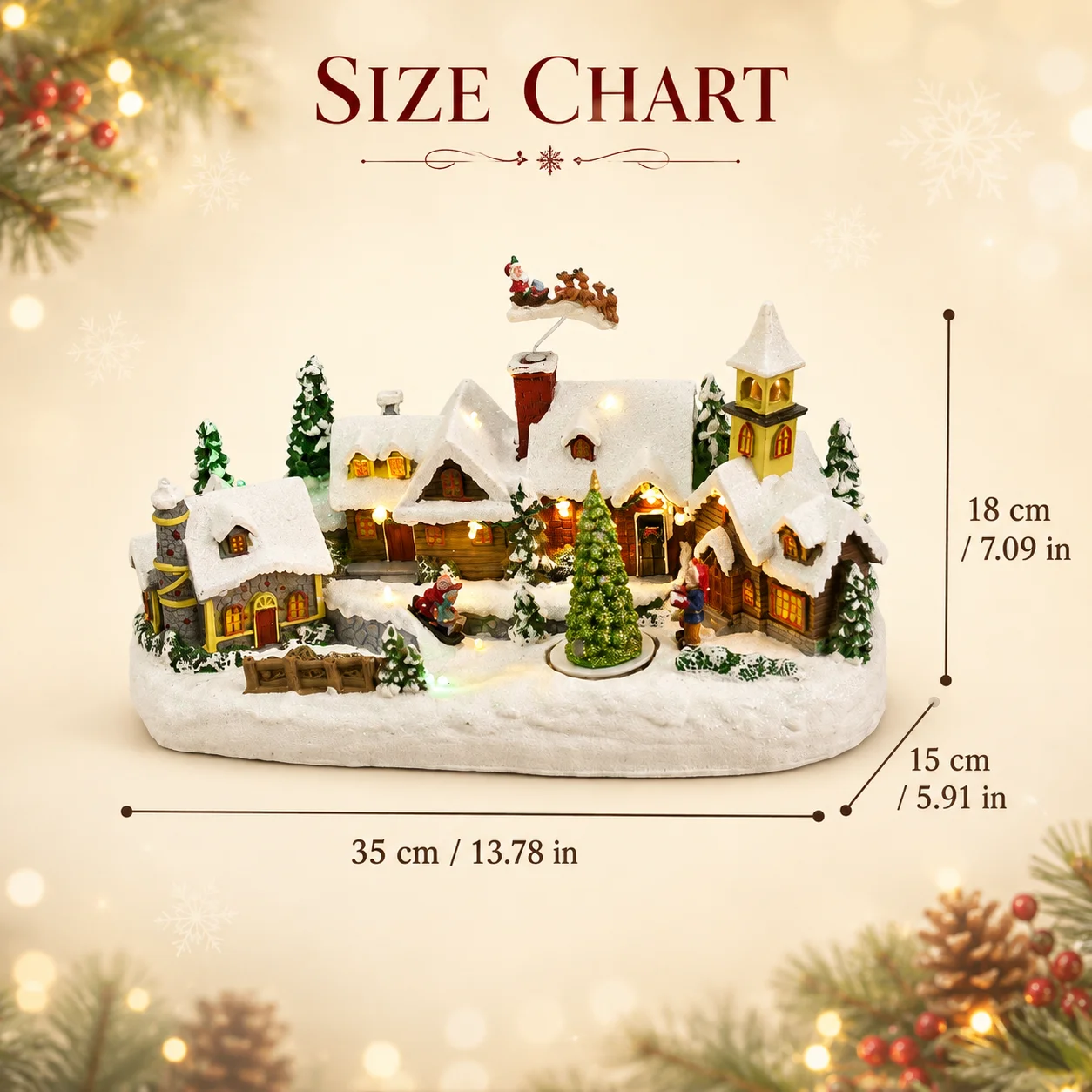 Long Christmas Village Music Box Resin, Flying Reindeer & Rotating Tree LED Snowy Houses 8 Songs 35cm