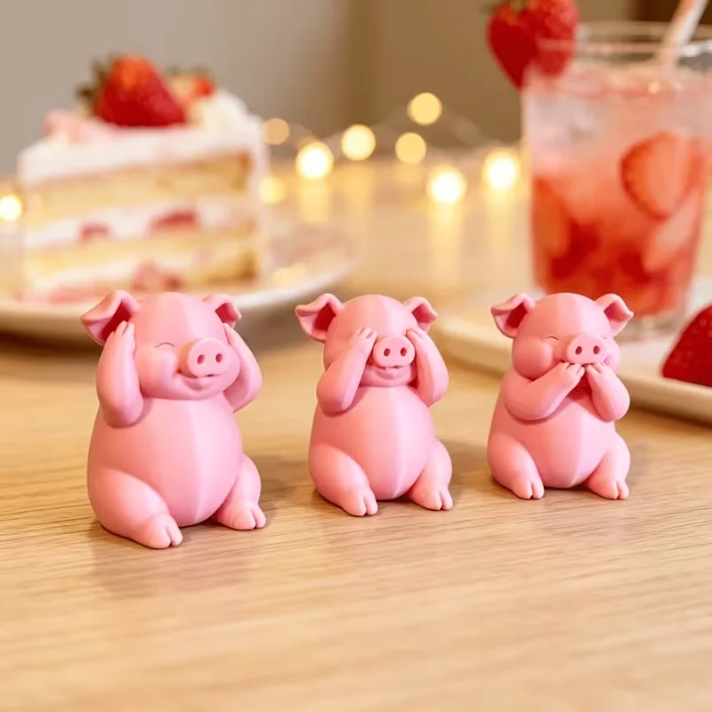 3D Printed Three Wise Pigs Set No Evil Hear See Speak Cute Pink Piggy Miniatures Desktop Fairy Garden Decor